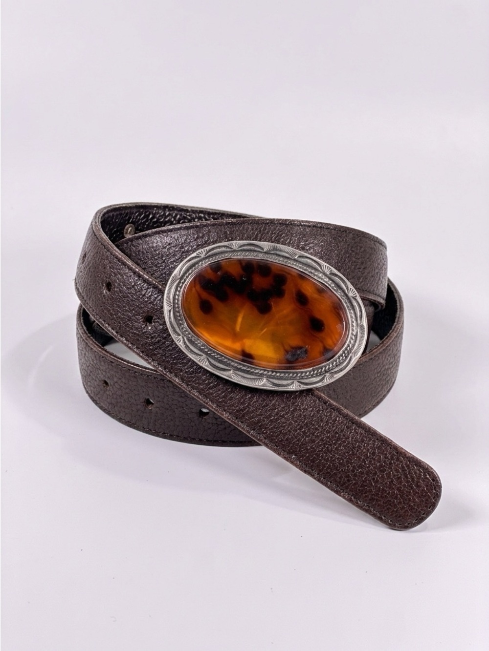 Ann Turk Western Belt Cabochon Buckle Pebbled Leather Brown Medium